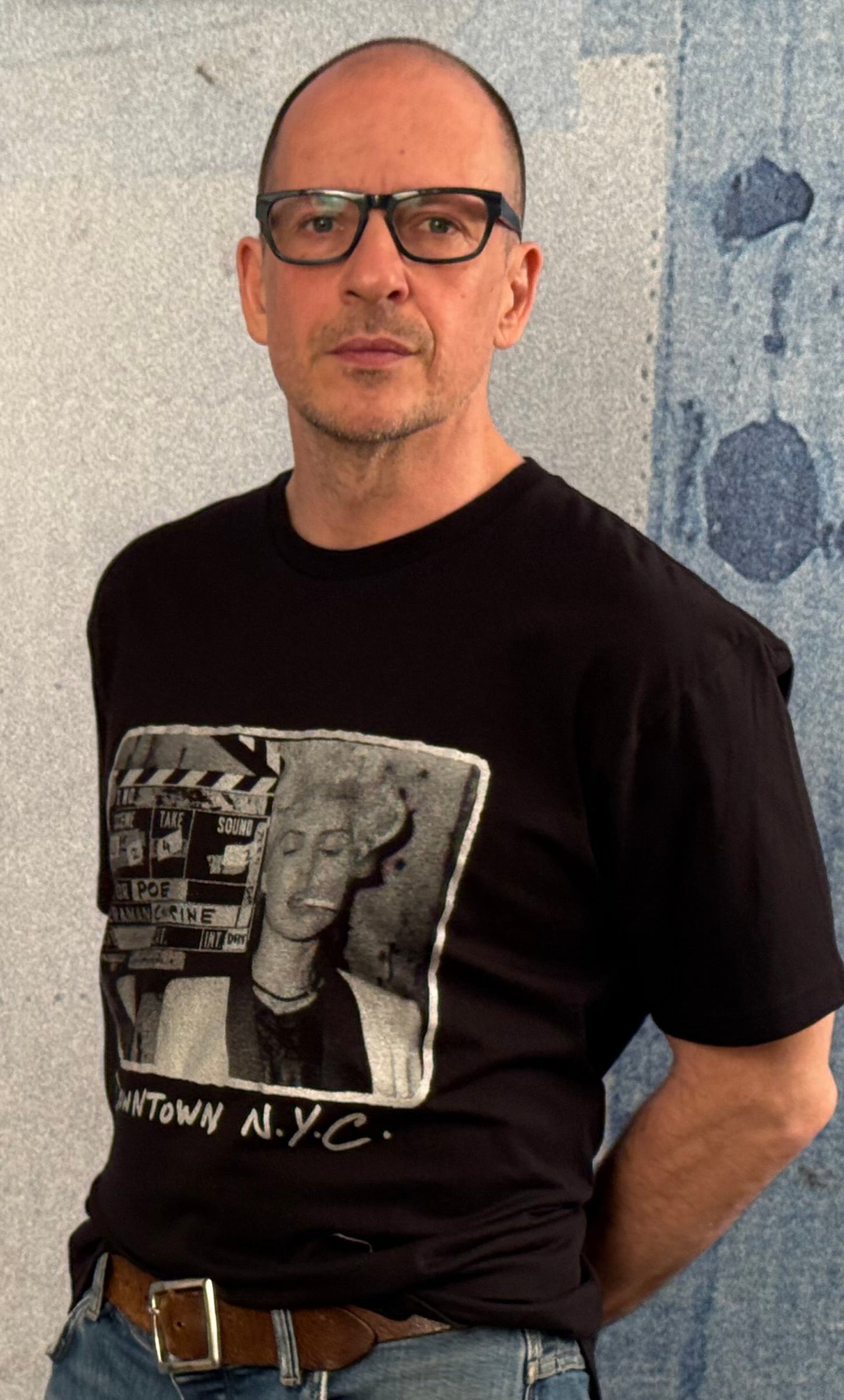 Debbie Harry Clapperboard (Silver print on Black T-Shirt).