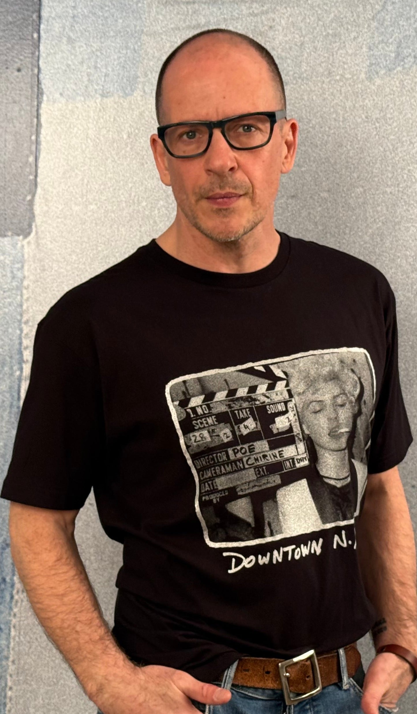 Debbie Harry Clapperboard (Silver print on Black T-Shirt).